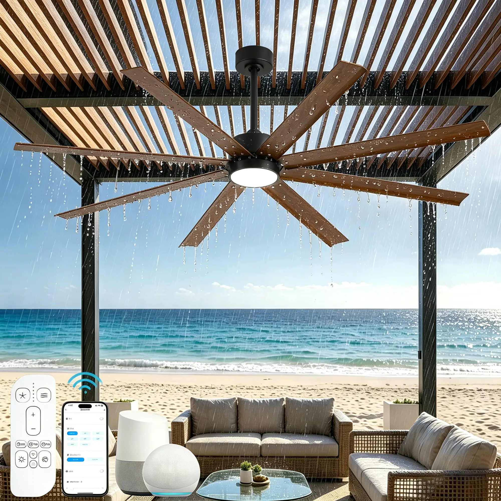 72 Inch Wet Rated Outdoor Ceiling Fan with Light, Smart Alexa APP Ceiling Fan with Remote, Large Industrial 8-Blade Aluminum Waterproof All Weather Fan for Porch Garage Pergola Living Room