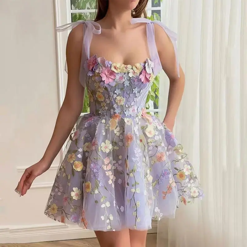 Fairy Tulle Mini Dress for Women, Floral Embroidery Sleeveless Tie-Strap Princess Party Gown with Lace Applique, S, Evening Party Gown, Elegant Fashion Dress