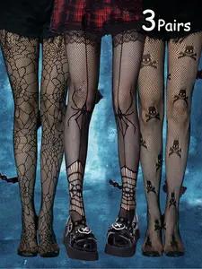 Women's Halloween Themed Fishnet Tights, Casual Comfy Breathable Spider Web & Skull Pattern Sheer Tights for Daily Wear, Ladies Tights for All Seasons