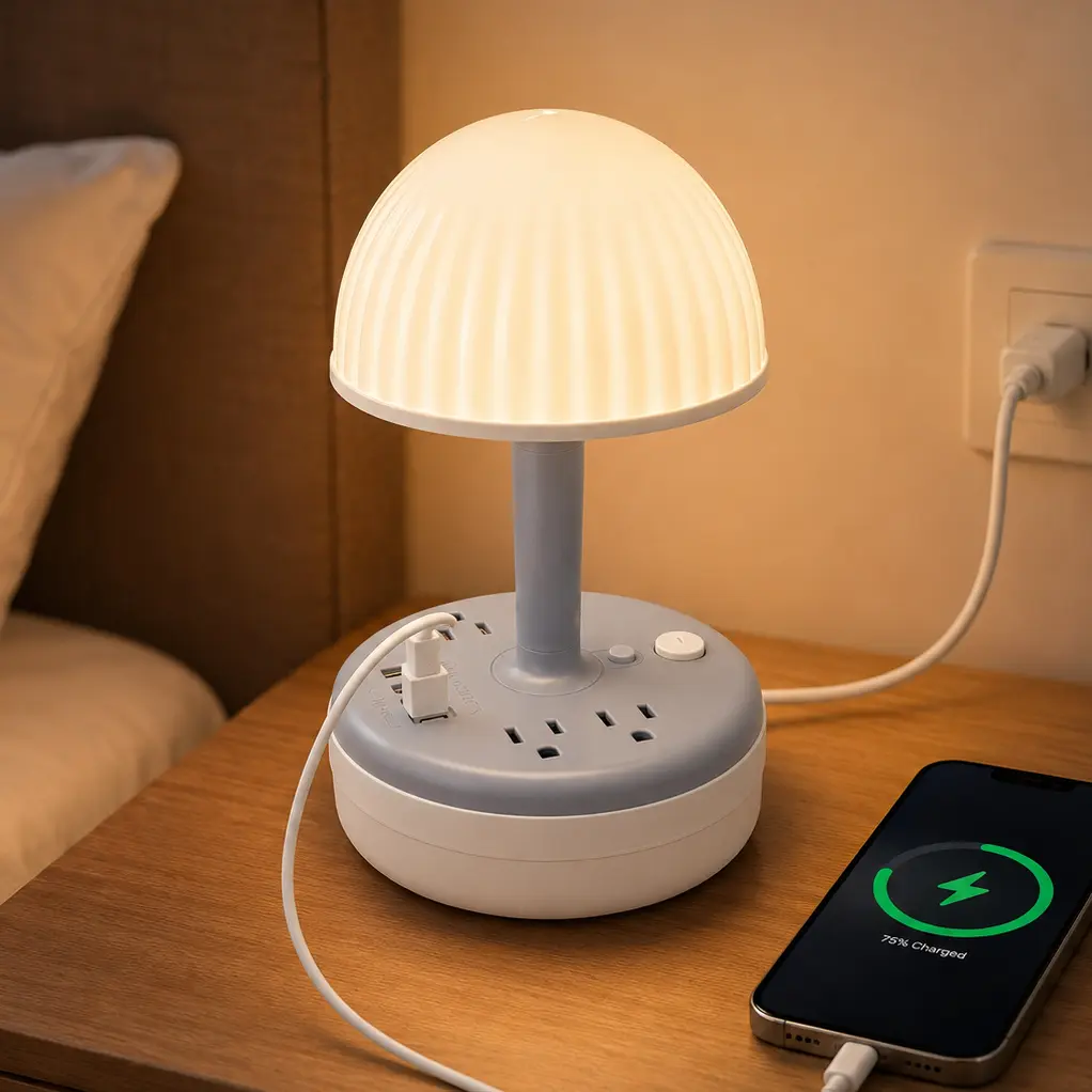 Retractable Cord Power Strip with Desk Lamp, 4 AC Outlet Extender with USB C Ports, Dimmable Night Light Socket, 3 Color Modes Bedside Table Lamp, Charging Station with 6 ft Extension Cord, Phone Charger for Bedroom Dorm Room Office