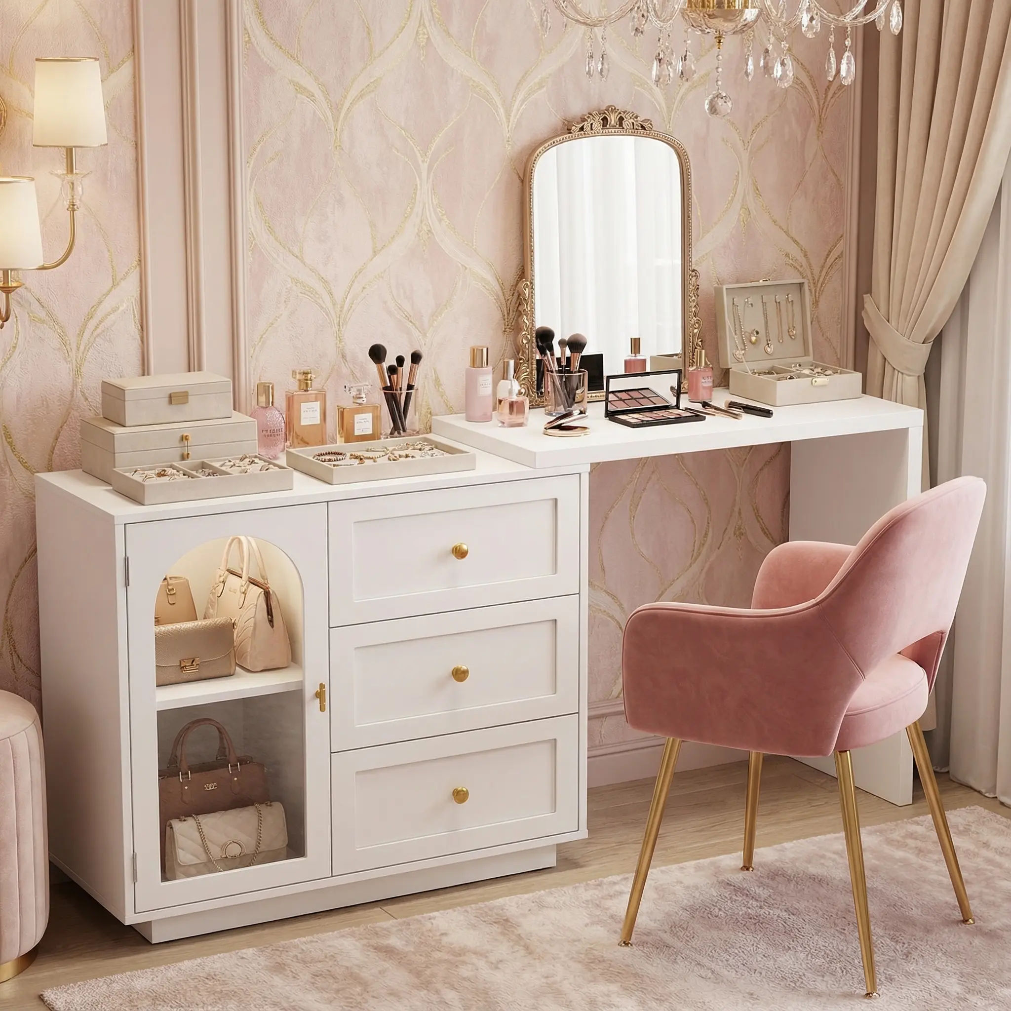【Summervibes】RoyalCraft L 2-in-1 Makeup Vanity Desk & Office Desk, Multifunctional and Space-Saving Extendable Corner Table with Drawers, No Mirror, Dressing Table for Bedroom, Vanity Desk for Working, Studying, Drawing, Sewing, Nail Care (White, Beige)