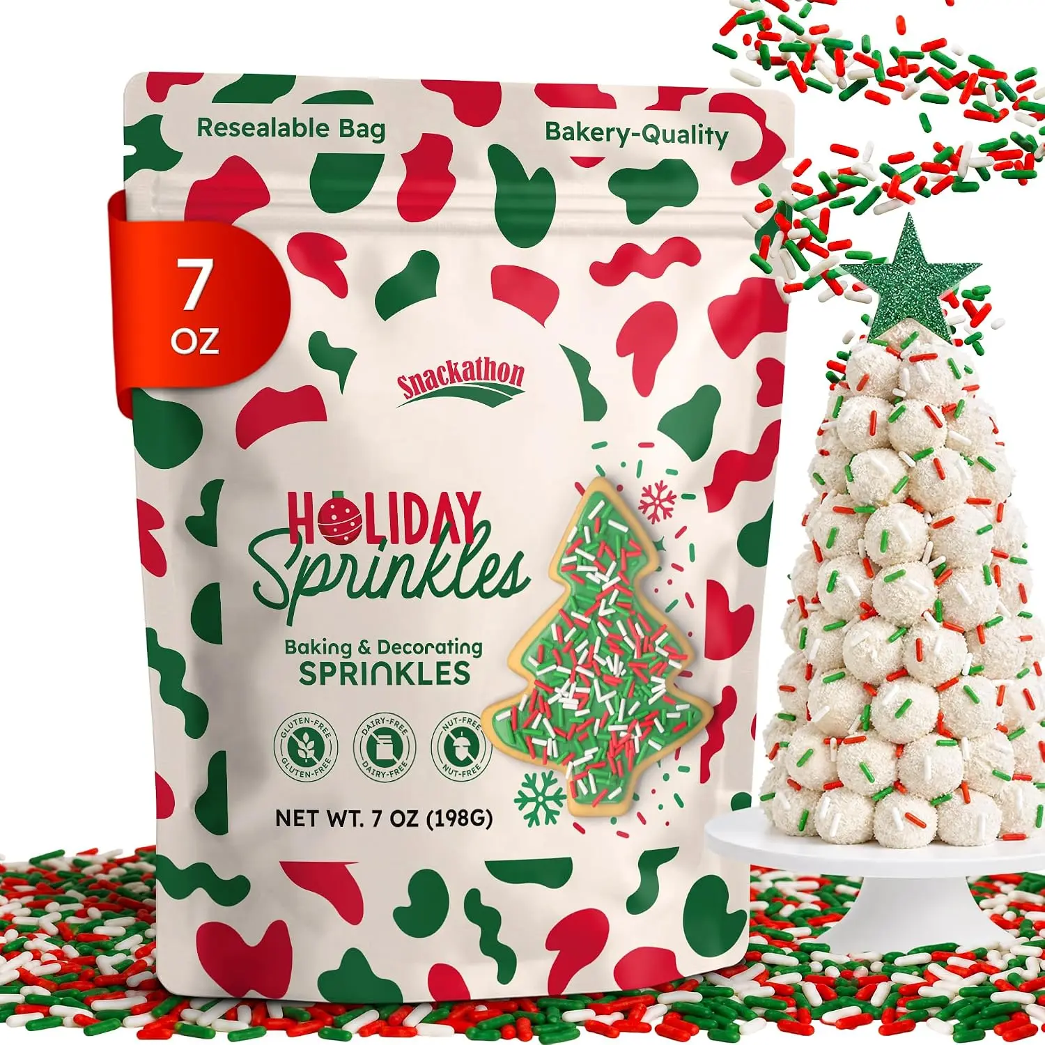 Snackathon Sprinkles for Baking & Decorating, Christmas Sprinkles, Holiday Jimmies in Resealable Pouch – Festive Red, Green & White Colors for Cupcakes, Cookies, and Xmas Treats