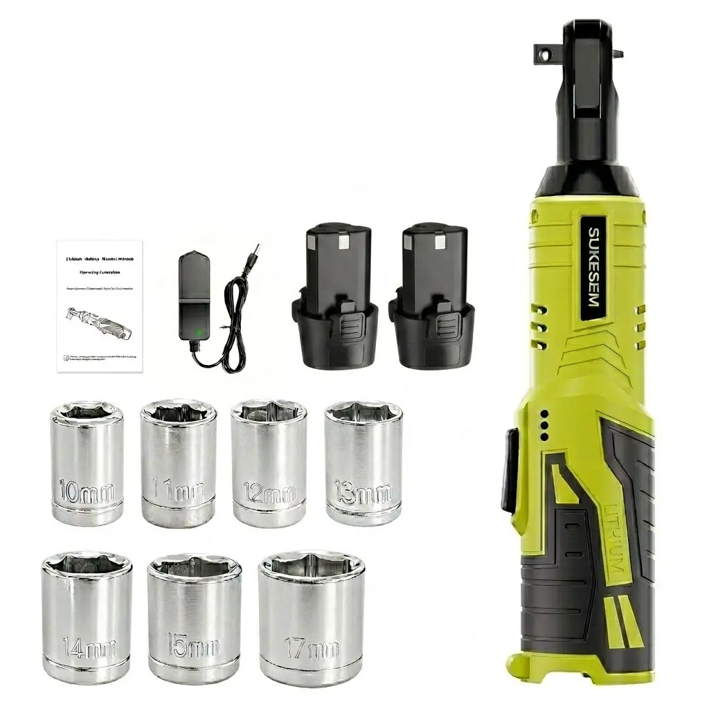 Cordless Electric Ratchet Wrench Set, 12V 3/8” Power Ratchet Wrench 550RPM 45Ft-lbs Torque, Extended Reach Right Angle Ratchet Tool with LED Light, Forward/Reverse Switch, 1/4” Adapter, 2×2.0Ah Batteries & Fast Charger for Auto Repair