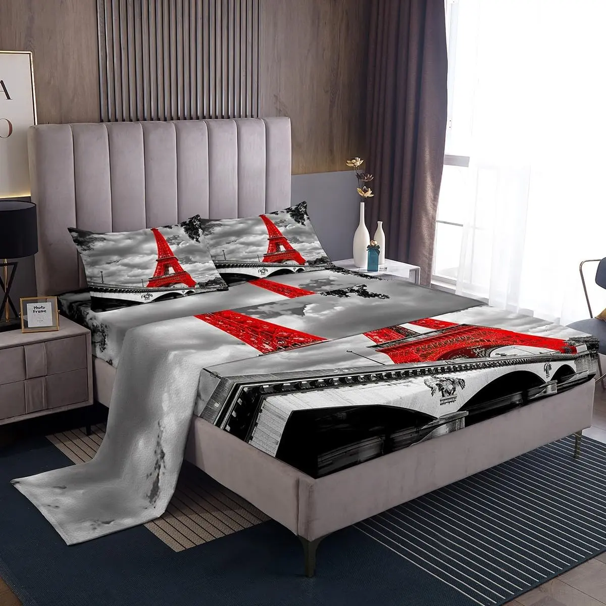 Feelyou Eiffel Tower Print Bedding Set - Red Paris Cityscape Design, Soft Gray Modern French Luxury Sheets for Themed Home Decor