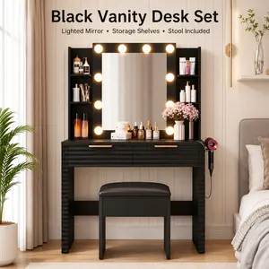 JovoMarts Black Makeup Vanity Desk with 10 Hollywood Bulbs, Fluted Dressing Table with Charging Station, 2 Drawers, 4 Open Shelves, Hair Dryer Holder & Storage Stool