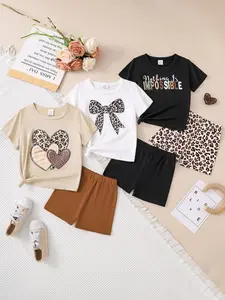 Girl's Leopard Print Tee & Elastic Waist Shorts Set, Casual Short Sleeve T-shirt & Shorts Set, Kids Summer Clothes, Outfit