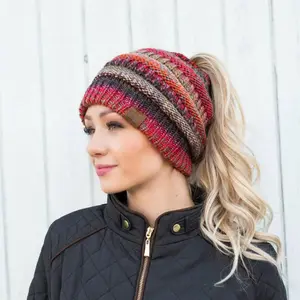 CC Bun/Pony Multi Colored Striped Beanie