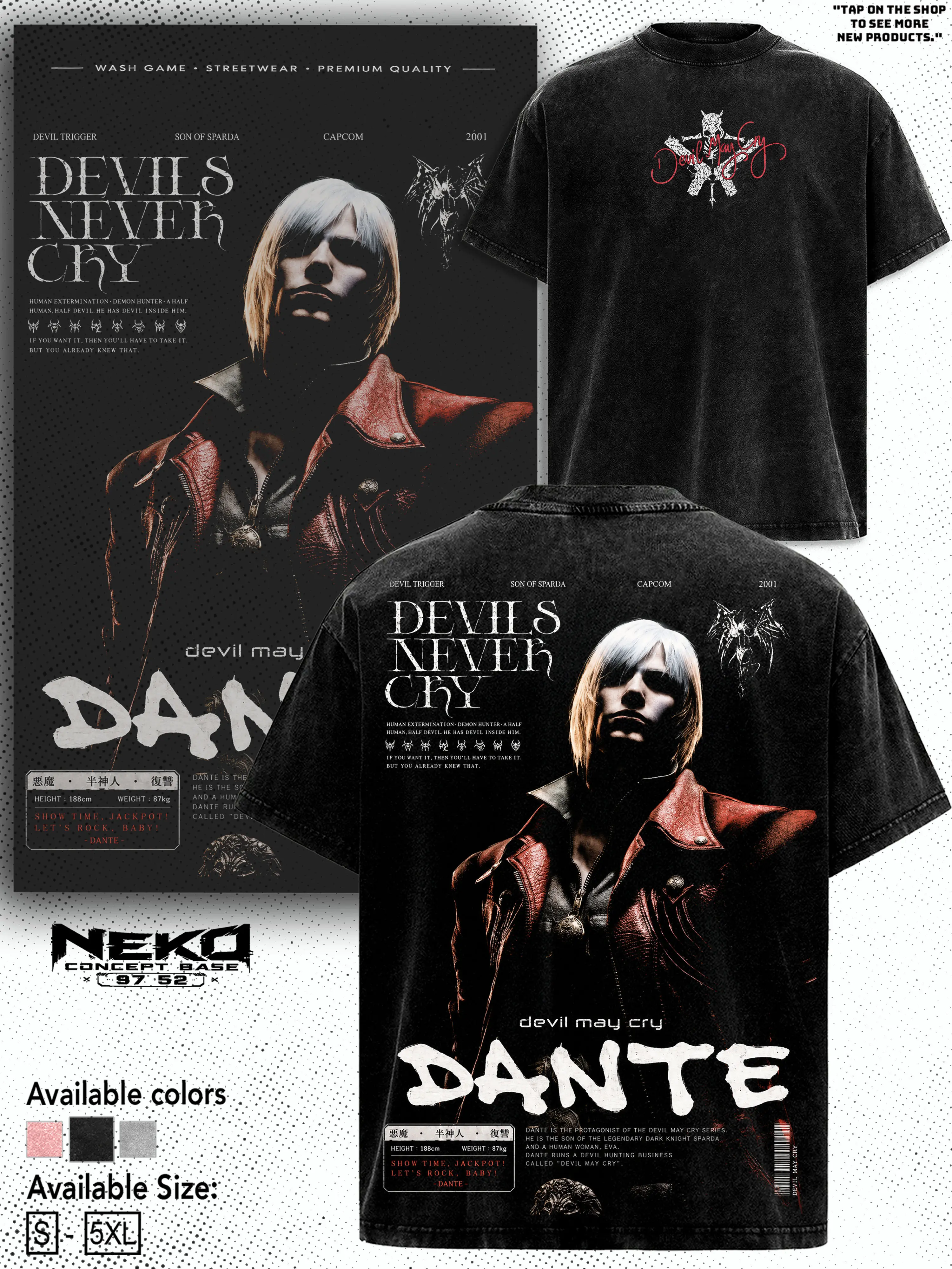 Devil May Cry Dante Devils Never Cry Washed Tee, Vintage Gaming Graphic T-shirt, Retro Y2K Bootleg Heavyweight Cotton Loose Fit Men Shirt, Gamer Outfits, Trendy Summer Gift