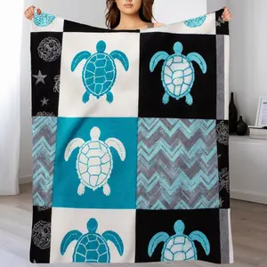 Nautical Themed Flannel Blanket with Turtle Designs - Black, White & Teal/Aquamarine Patchwork, Chevron & Starfish Motifs, Machine Washable, Soft Warm Lightweight for Bed, Sofa, Camping, All Seasons