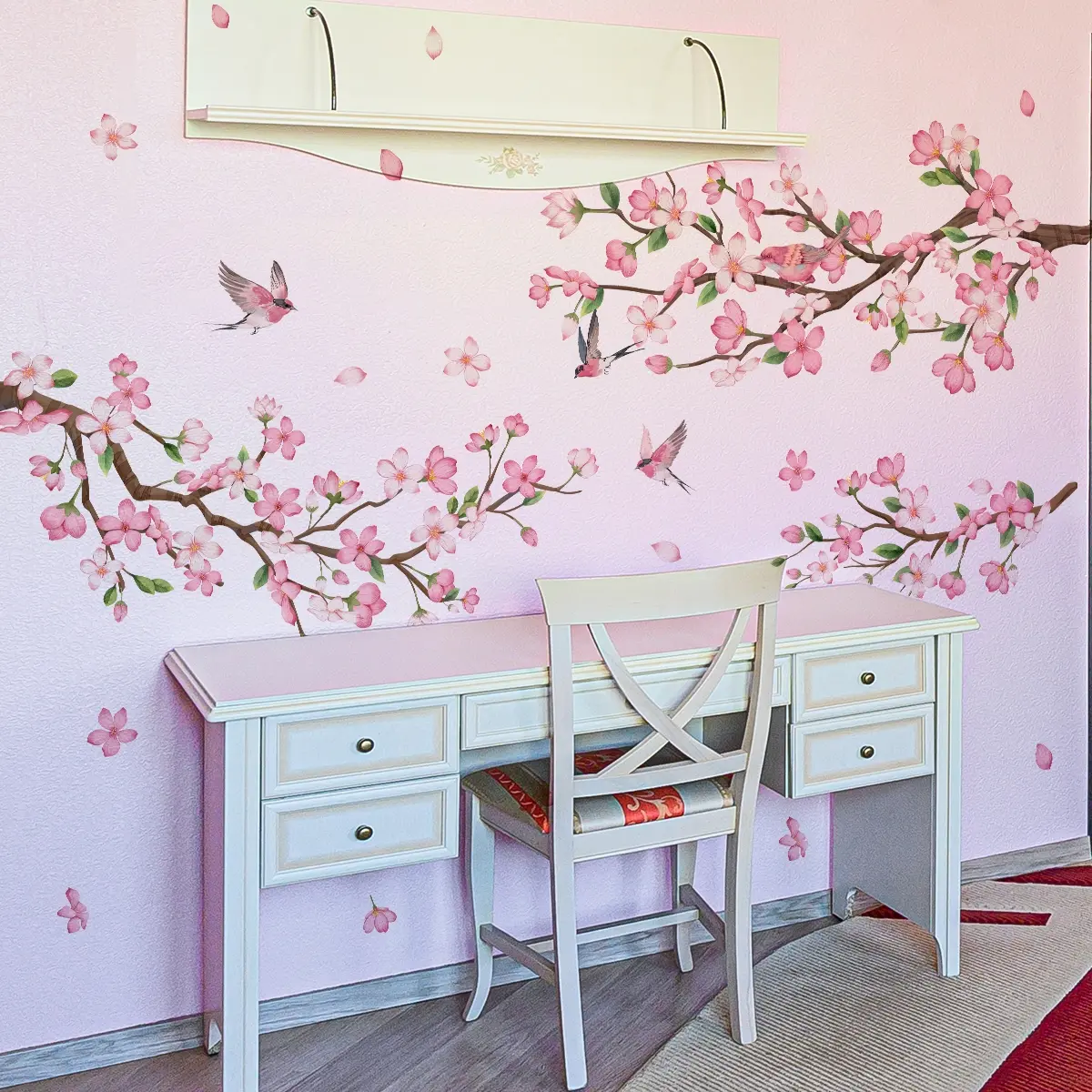A set of two (30*90cm*2pcs) new creative pink flower, branch and bird spring wall stickers, suitable for bathroom and study room decoration background wall stickers, Decorative Stickers, Adhesive Stickers (M16085-YJ)