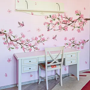 A set of two (30*90cm*2pcs) new creative pink flower, branch and bird spring wall stickers, suitable for bathroom and study room decoration background wall stickers, Decorative Stickers, Adhesive Stickers (M16085-YJ)