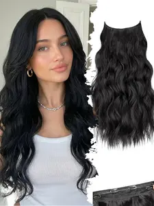 Invisible Wire Hair Extensions, Long Wavy 20 Inch, Transparent Headband, Adjustable with 4 Secure Clips, Curly Clip Hair Extensions