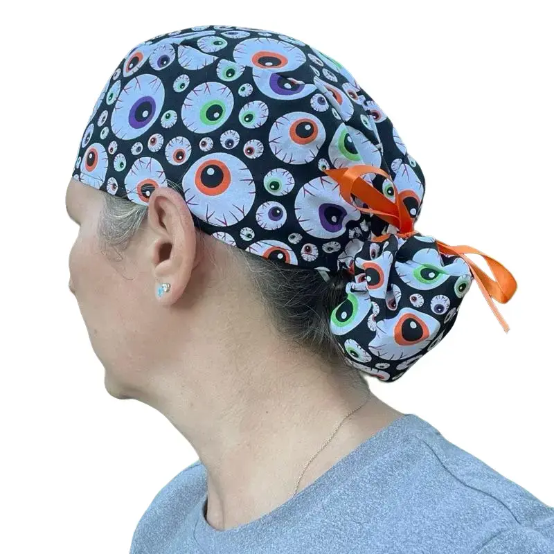 Spooky eyes eyeball ophtho ponytail surgical OR scrub cap hat womens