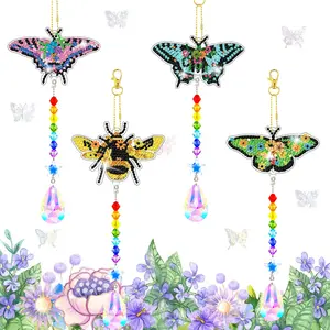 4-piece DIY Diamond Painting Hanging Decoration Kit, Bee and Insect 5D Diamond Art Kit, includes tools, pendant, and diamond art wind chime. Suitable for adults.