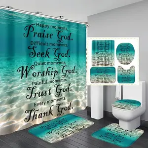 1/4pc Letter and Marine Life Pattern Bathroom Decor Set, Bathroom Decor Accessories, Restroom Bathroom Accessories, with shower curtain, toilet U-shaped mat, bathroom floor mat, and toilet seat cover, comes with 12 shower curtain hooks