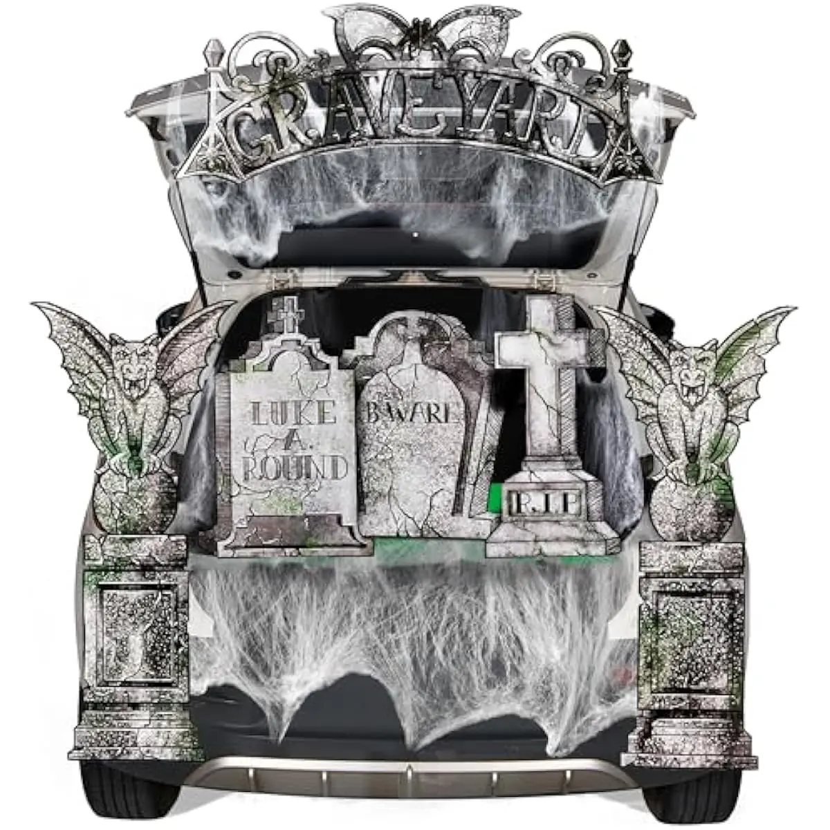 Halloween Tombstone Trunk or Treat Car Garage Decoration Outdoor with Gargoyles, Arch Monument, Spider Web and Non-Woven Fabric for Entryway Archway Haunted House Decor