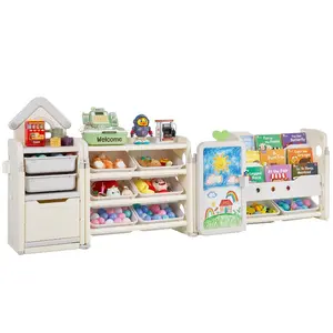 Large Size Kids Interior Toy Storage Organizer - 4-Tier Bookshelf with Drawers, 10 Movable Plastic Bins, Cubby Cabinet, Drawing Board for Playroom, Nursery