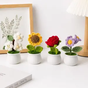 Crochet Flower Pot, 4 Counts/set Handmade Knitted Sunflower Potted Plant, Desktop Decoration Ornament for Home Living Room Bedroom Dining Room, Artificial Potted Flower