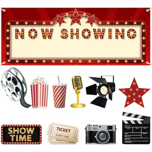 12 count Movie Night Party Decorations Kit  Showing Banner Red Carpet Backdrop Double Sided Printing Red Carpet Cutouts Movie Party Cards Photo Booth Props Supplies for Bridal Shower Birthday