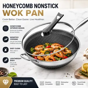 12.60" Stainless Steel Nonstick Wok with Lid, Honeycomb Texture Design, Household Stir-Fry Pan, Compatible with Induction Cookers, Ceramic Cooktops, and Various Kitchen Stoves Cookware summerwins summerwins