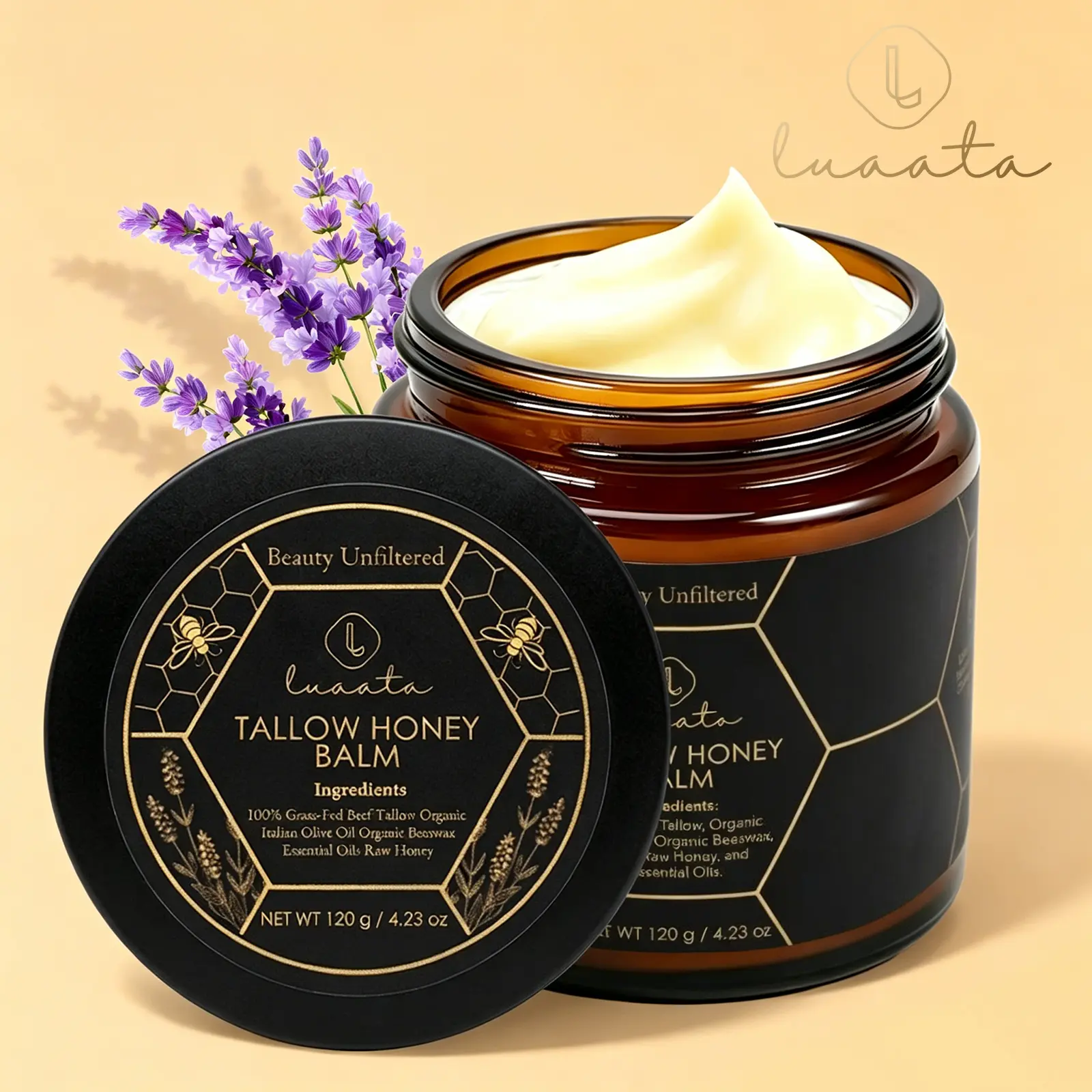 LUAATA Natural Anti-Aging Beef Tallow Moisturizer - Balm Skincare Cream for Dry Rough Skin Tallow - Lotion for Hydration Firmness Wrinkle Repair & Glow Honey Beef Tallow Hydrating Smooth Skin Nourishing Moisture