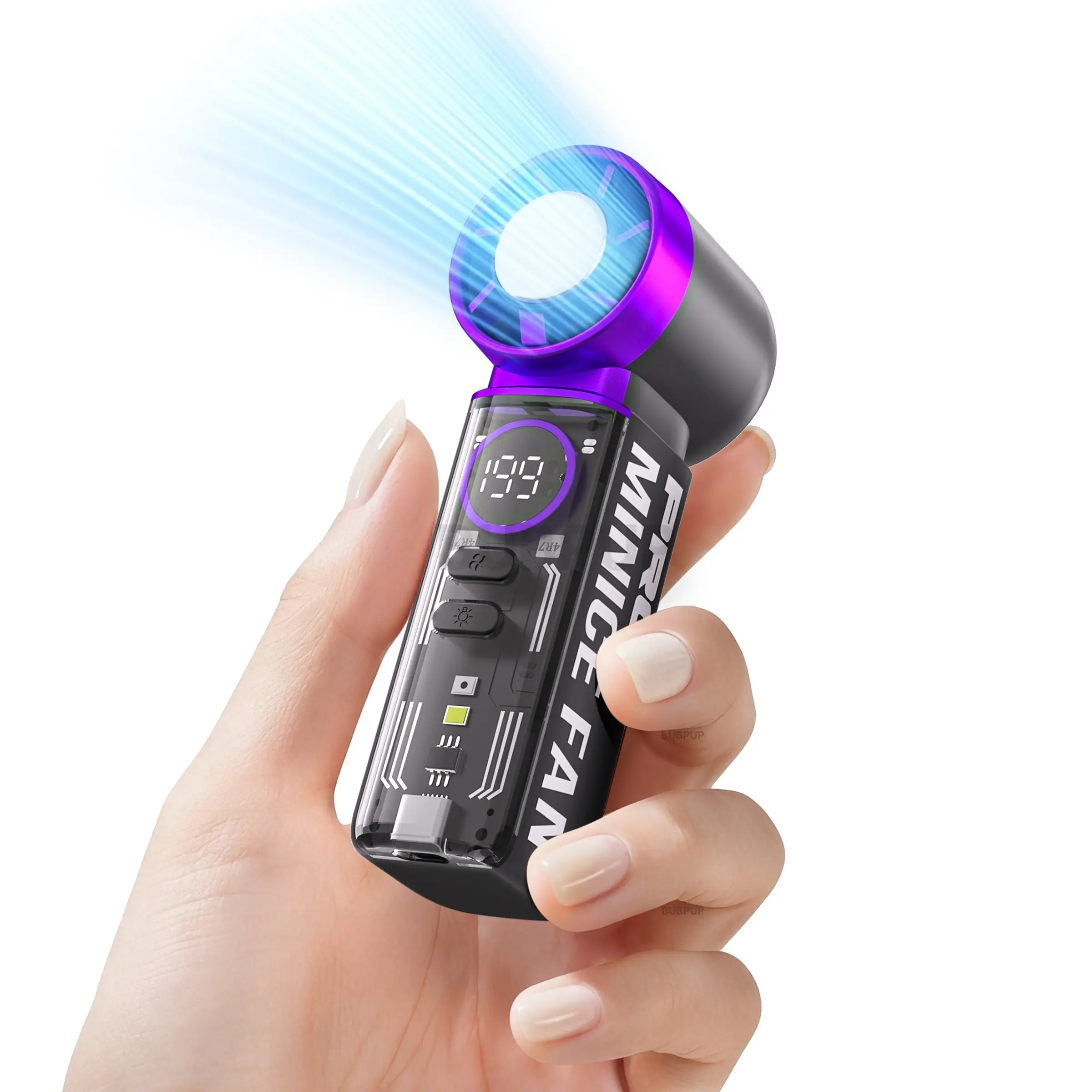 Portable Handheld Turbo Fan, Personal Pocket Fan, Pocket Design & USB-C Rechargeable, 5 Speed Adjustable/LED Display/Flashlight/Mood Light, High-Speed Mini Cooling Fan for Outdoor/Travel/Makeup/Gifts