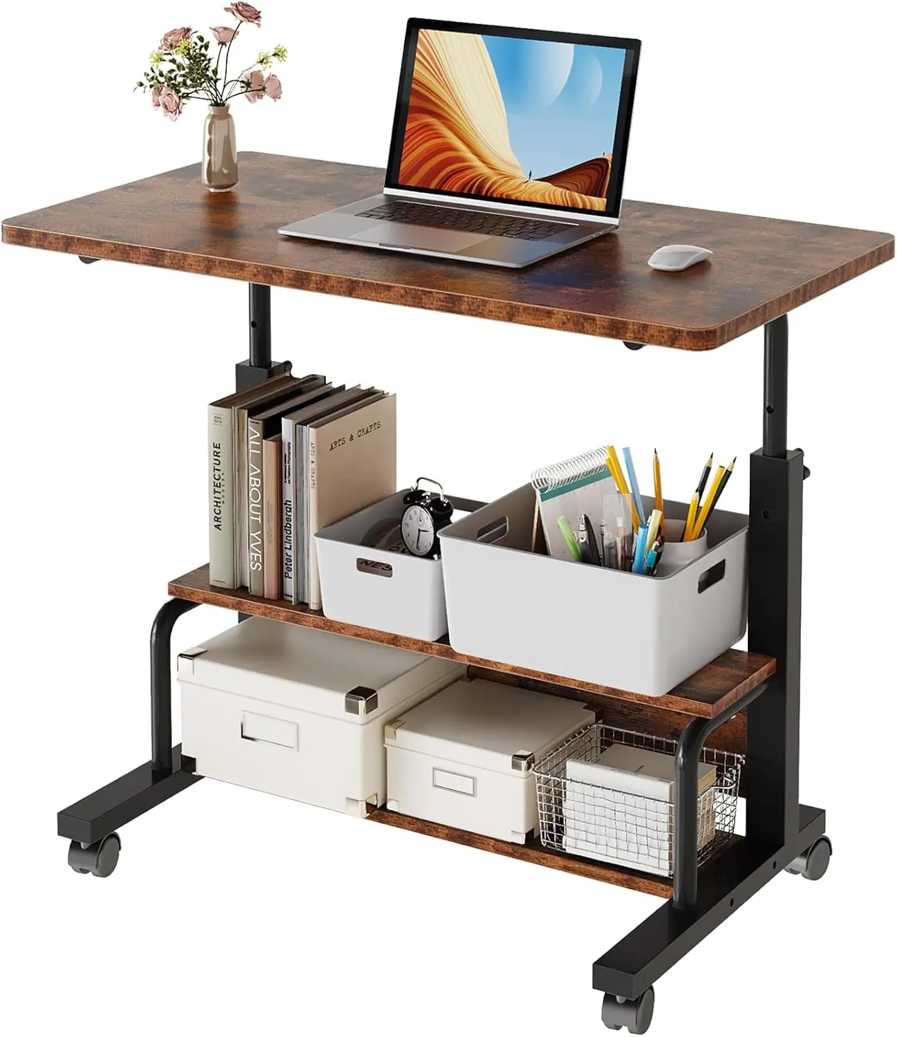 Rolling Desk, Storage Shelves, Laptop Table, Home Office | Height Adjustable Design, Computer Desks on Wheels, Portable for Small Spaces Use
