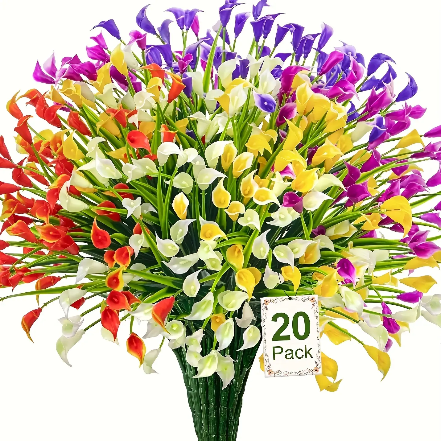 20-Piece 5-Fork Outdoor UV-Resistant Artificial Calla Lily Plastic Flowers, Decorative Flower Arrangements for Garden Decorations, Table Decor, Home Ornaments (Porch, Patio, Office Window Frame Use)