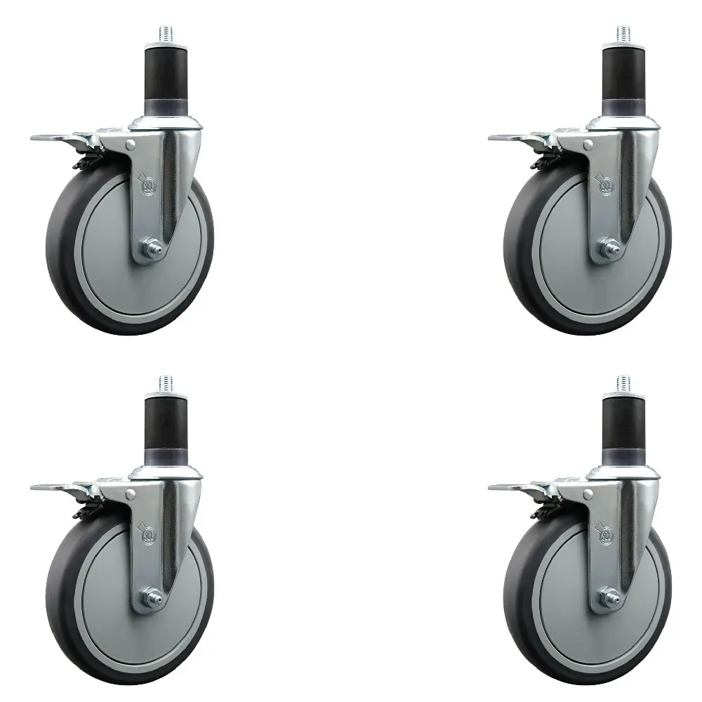 Heavy Duty Lockable Swivel Casters (Service Caster 212 MAIN Model SCC-EXTTL20S614-TPRB-158-4, Set of 4) - 6 in. Gray Thermoplastic Rubber Wheels, 1.63 in. Expanding Stems for Round/Square Tubes, 300 lbs per Unit, Total Locking Brakes, for Work Tables