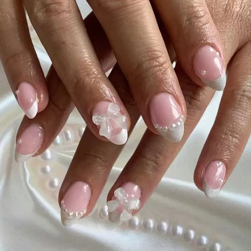 24pcs Short Oval White French Tip Press on Nails Bow Pearl Design Acrylic False Nails Set Perfect Fit, Nail Press On Nails