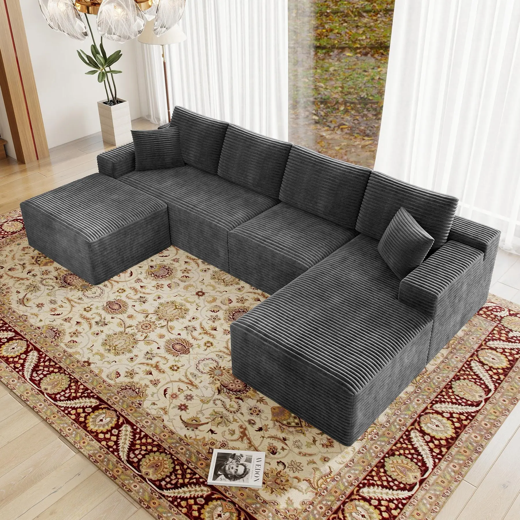 GREY-131.9"L-shaped Righ Facing Chaise with ottom