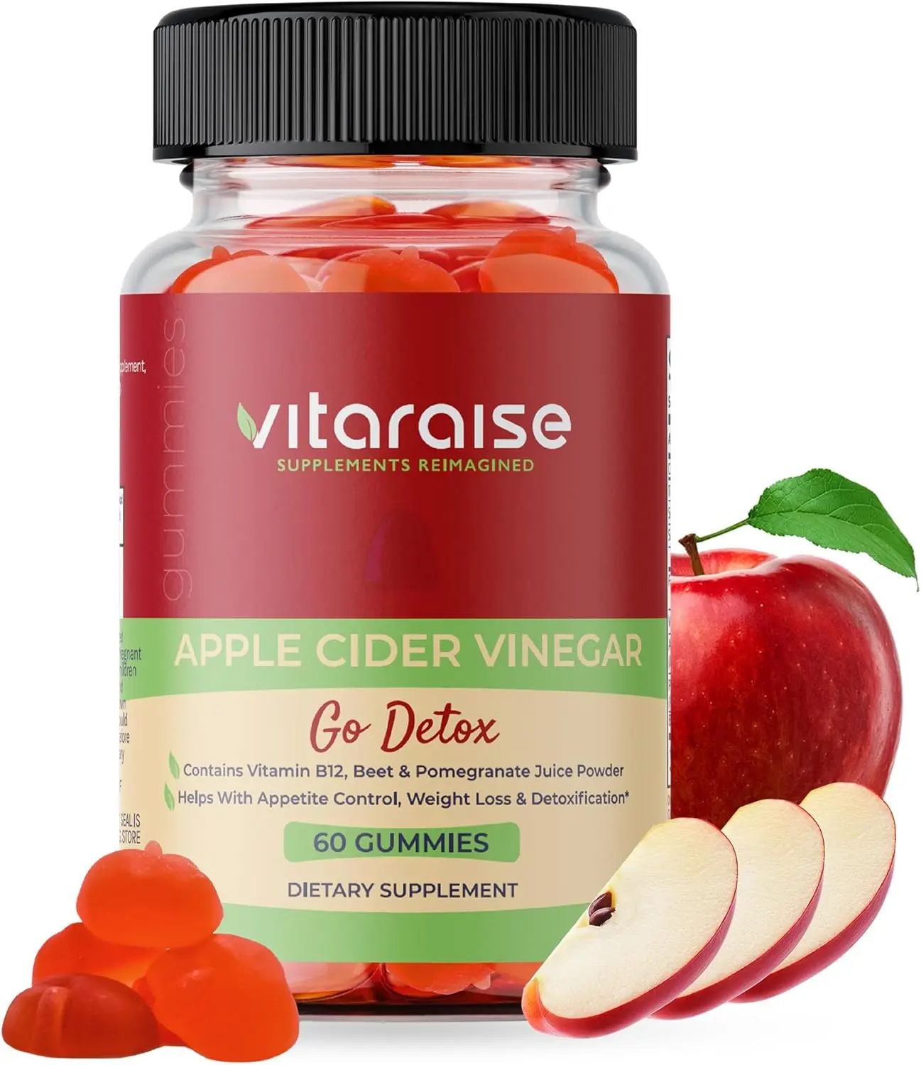 Apple Cider Vinegar Gummies, ACV with Mother, 1000mg, B9 & B12, Vegan, Non GMO, Gluten Free, Dietary Supplement, 60 Chews