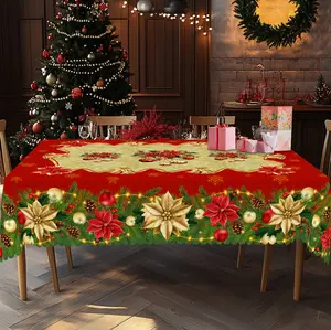 XEXSIN Christmas Print Tablecloth,Rectangle Table Cover with New Year Christmas Red and Gold Flowers Snowflake, manteles de tela para fiesta, Xmas Decor, Holiday Party Indoor Decor, Round Table Cloth, Christmas Party, Festive Home Kitchen Accessory Gift
