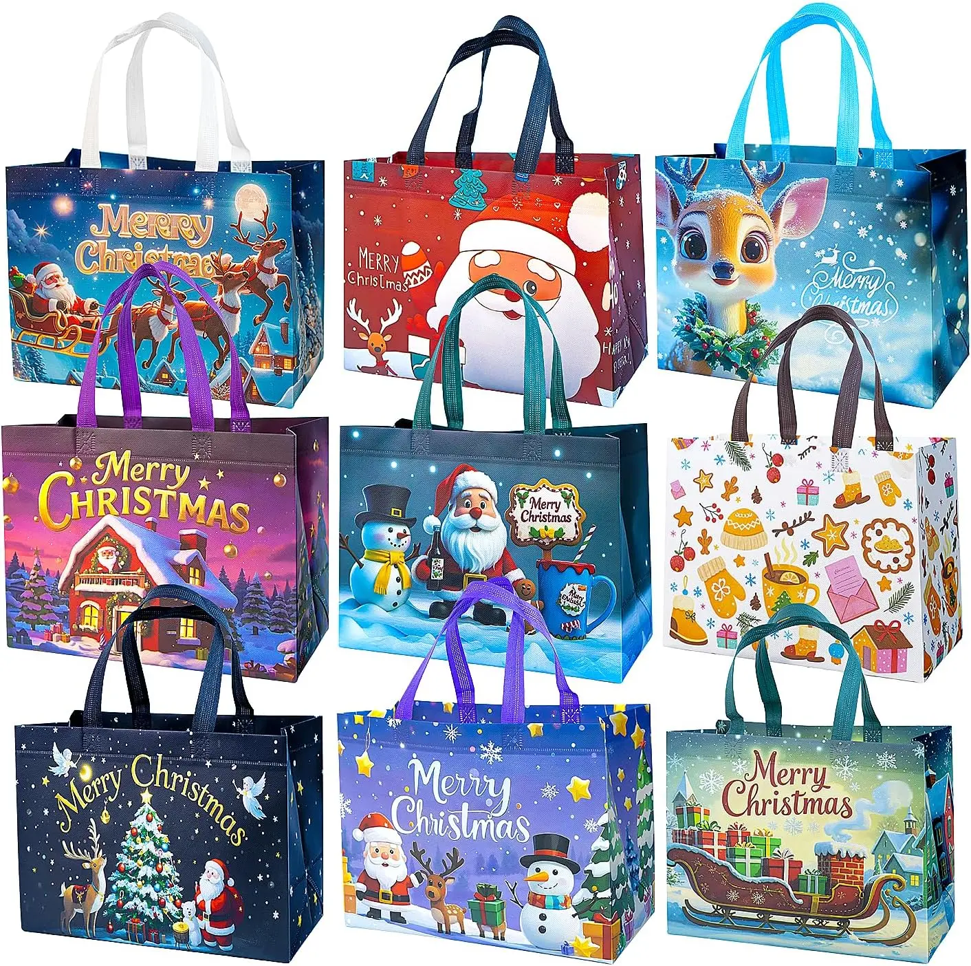 9Pcs Christmas Gift Bags Reusable Non-Woven Tote Bags with Handles