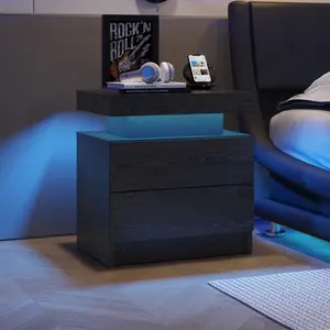 LED Night Stand Black Nightstand with 2 Drawers Modern Beside Table for Bedroom Side Bed Table with LED Lights