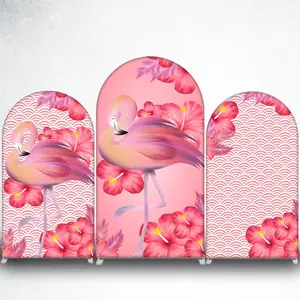 Pink Flamingo with Hibiscus Arch Backdrop Cover for Tropical Summer Party Decor