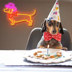 Dachshund Neon Sign Dog Wall Decor with Cowboy Hat LED Light Sign for Pet Shop, Bedroom, and Home Party Decor - Interior