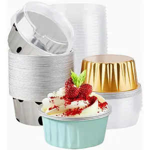 40PCS Mixed color Disposable Ramekins with lids,5oz Mini Aluminium Foil Baking Cups Creme Brulee Cupcake Liners, Desert Cheesecake Pans Flan Molds Tin Cups Containers for Party Cakebox Dessert Bakeware Utensils