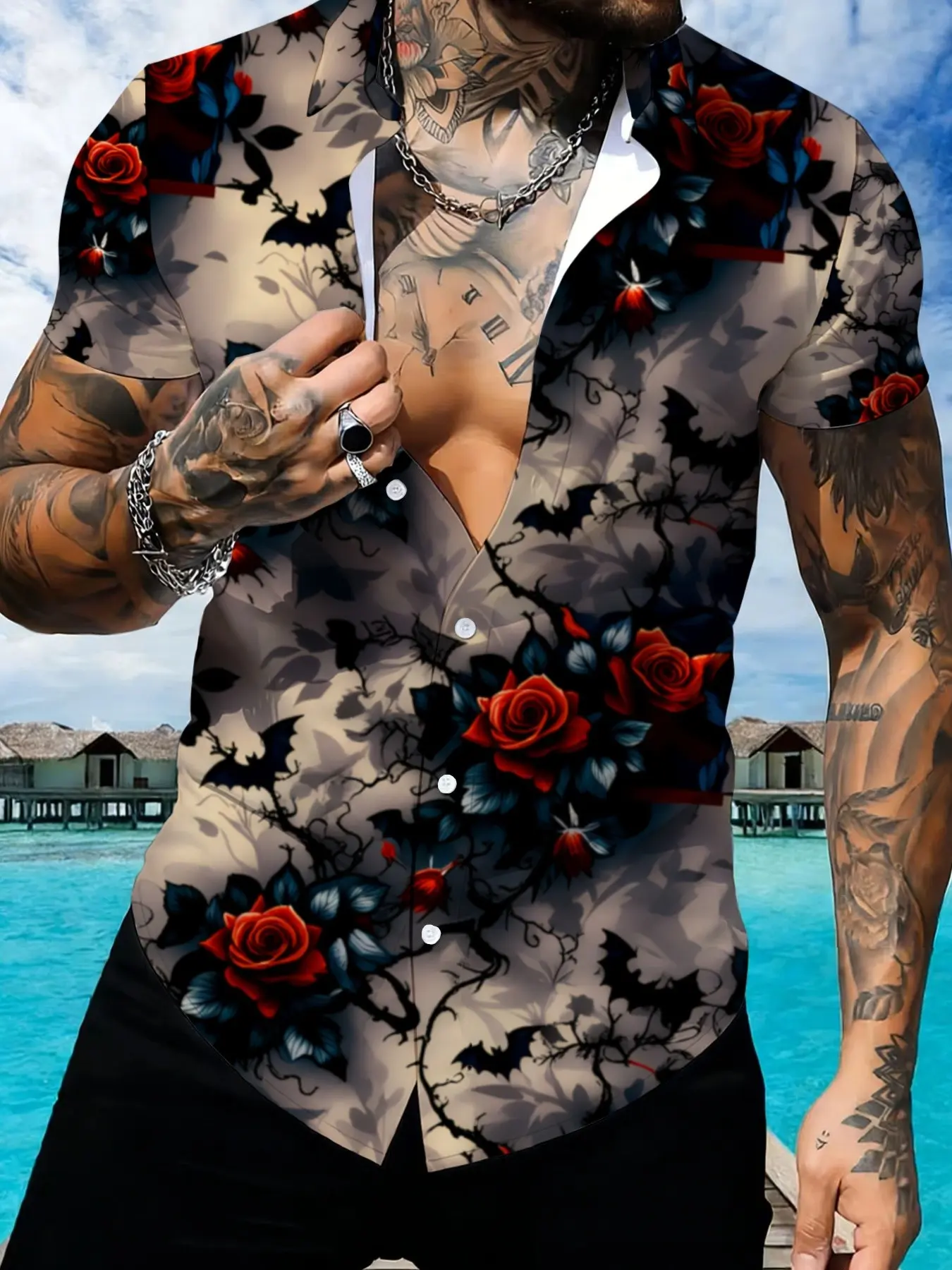 Rose All Over Printed Short Sleeve Shirt, Men's Summer Casual Collared Shirt, Retro Floral Design Top, Casual Street Top