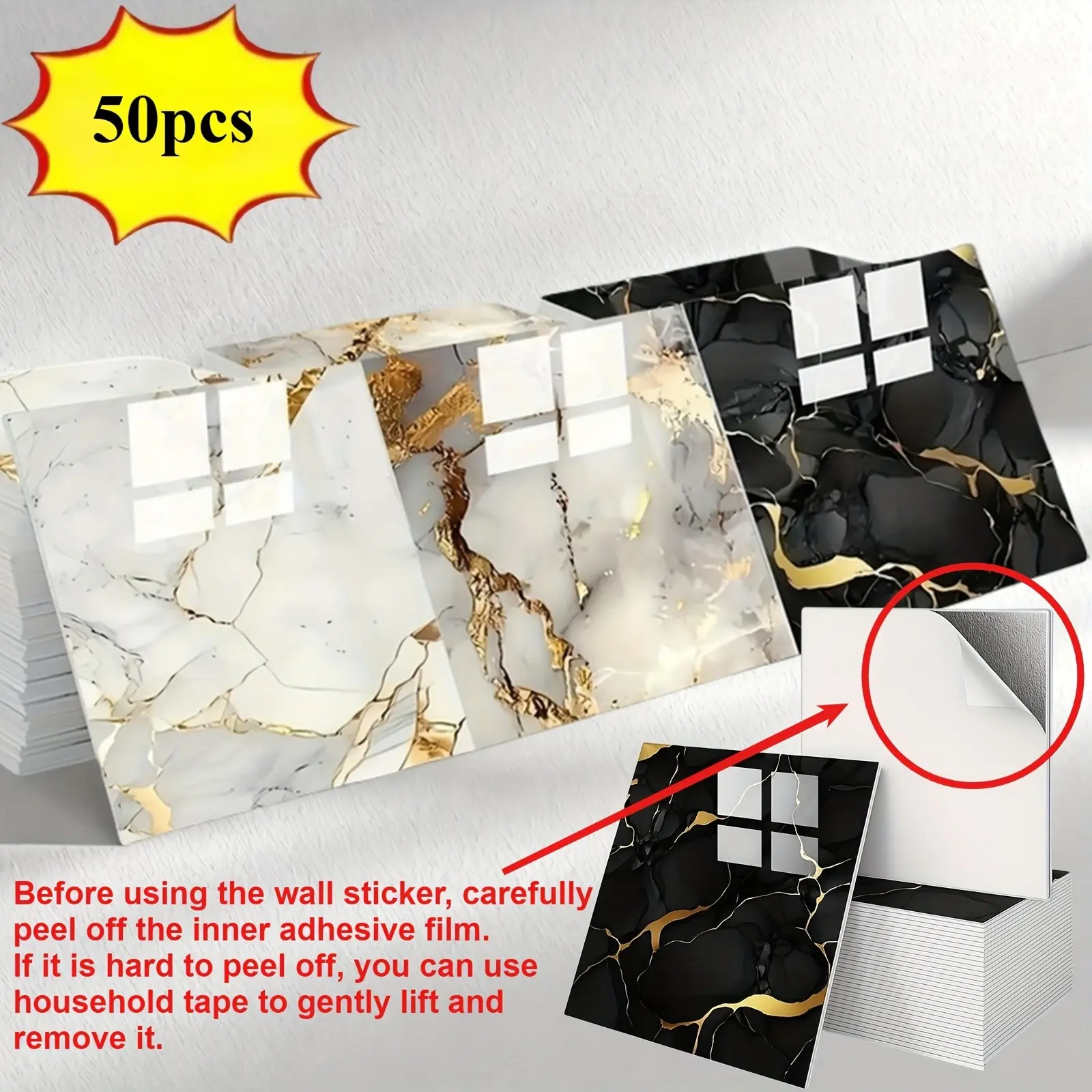 50pcs Self-Adhesive Vinyl Wall Stickers, Waterproof PVC Marble Pattern Panels, Removable Wallpaper for Bathroom Kitchen Living Room, Marble Wallpaper Peel and Stick, Faux Marble Finish, Sticky Wallpaper Peel and Stick