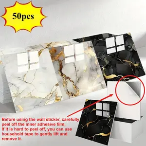 50pcs Self-Adhesive Vinyl Decorative Wall Stickers, Waterproof PVC Marble Pattern Panels, Removable Wallpaper for Bathroom Kitchen Living Room, Waterproof Wallpaper Film