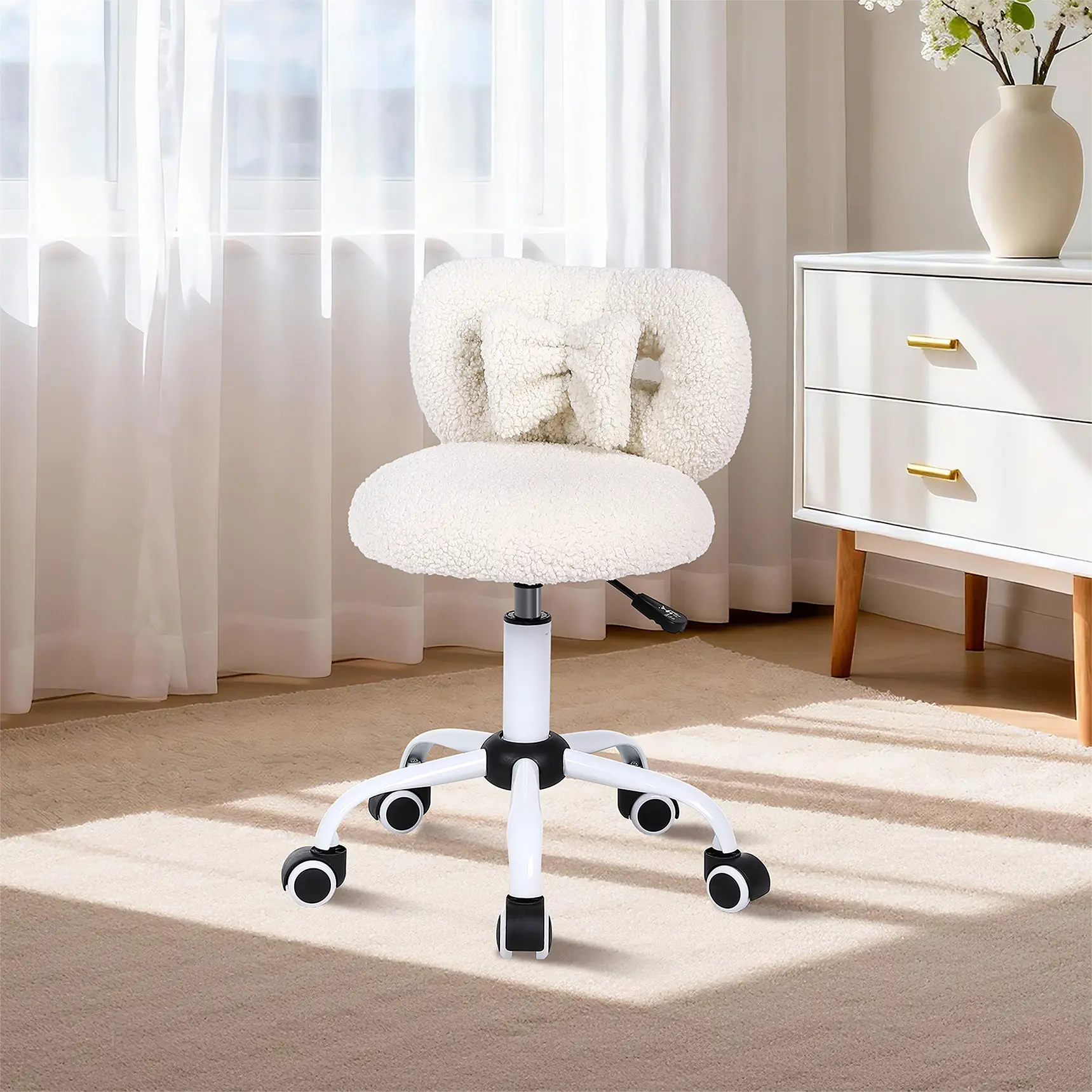 NUSETX Modern Children's Furniture Kids' Desk Chair with Bow Design, Cute Upholstered Swivel Chair with Wheels and Adjustable Height, Small Comfy Armless Chair