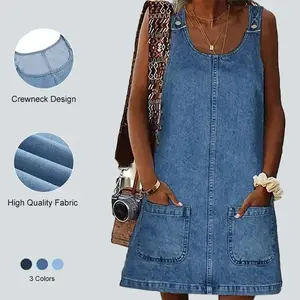 Women's Blue Sleeveless Casual Cowboy Dress Round Neck Retro Overall Mini Dress with Pocket 2025 Fashion Cowboy jumpsuitRAIMENTRY