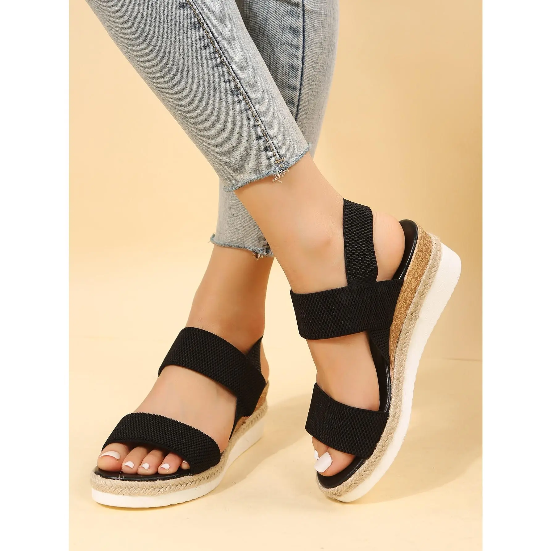 Minimalist Slingback Wedge Sandals, Black Plain Wedge Heel Sandals For Vacation