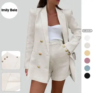 Imily Bela Womens 2 Piece Tweed Trendy Double Breasted Blazer Shorts Sets Long Sleeve Suit Jackets Business Outfit