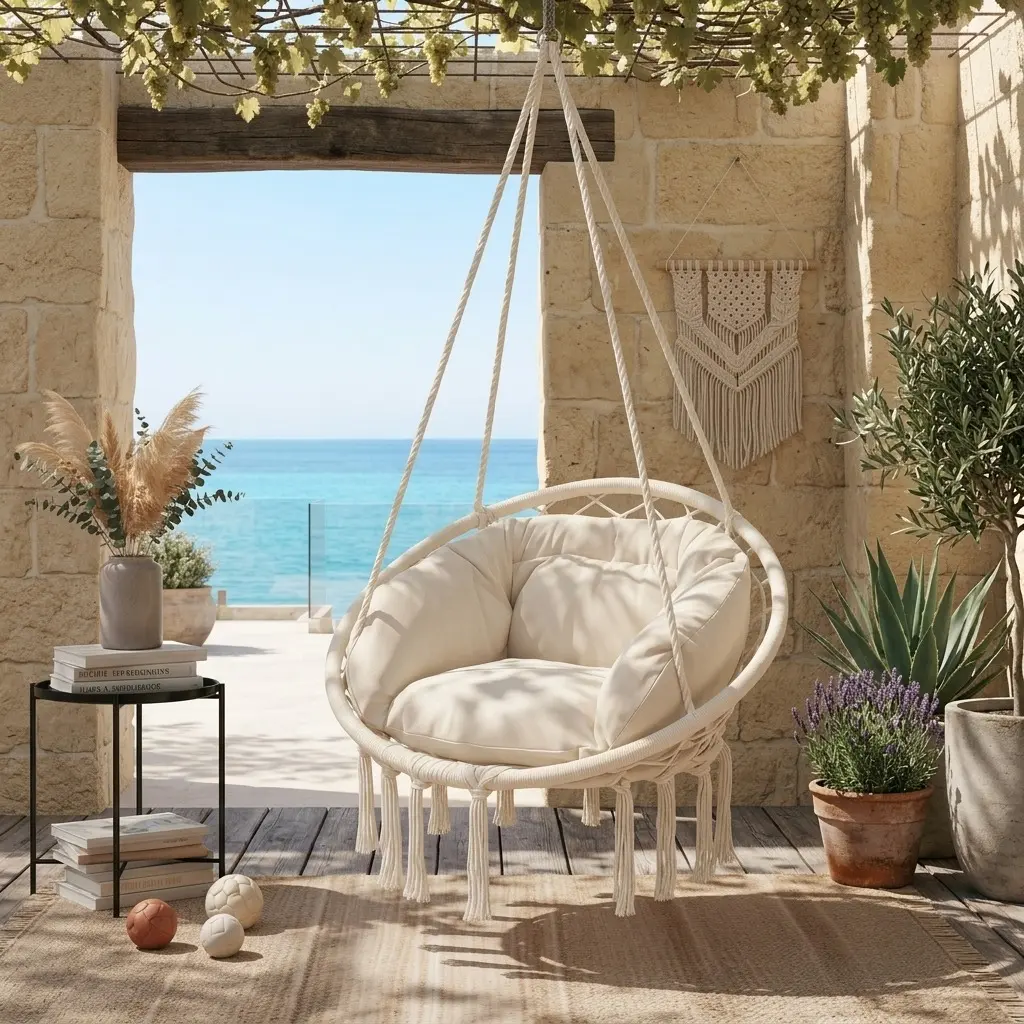 Macrame Swing Hammock Chair with Soft Padded Cushion, 350lbs Weight Capacity Hanging Seat for Adults and Teens, Stylish Hanging Chair Ideal for Porch Bedroom Indoor Outdoor Relaxation Reading Lounging