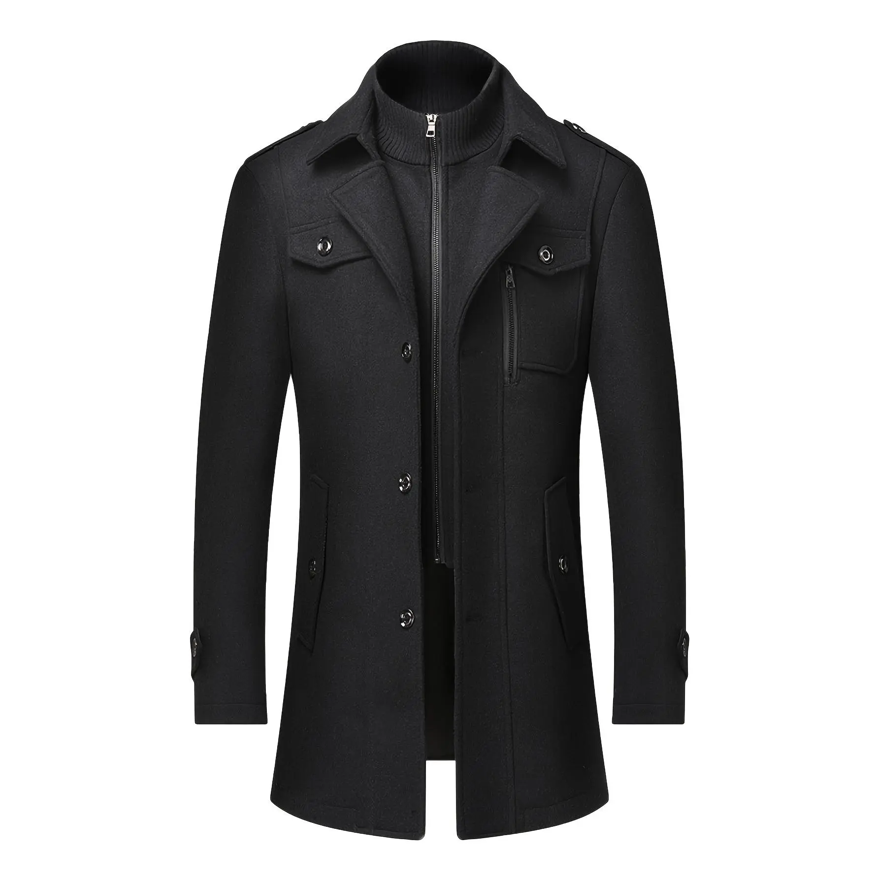 Men's Wool Blend Single-Breasted Trench Coat - Warm Winter Long-Sleeve Plain Casual Tops with Removable Inner Collar, Regular Fit, Zipper Pockets, Jackets, Menswear