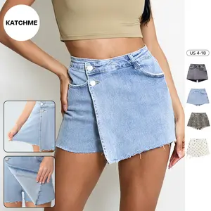 KatchMe Women's Leisure Layered High Waist Raw Hemline Durable Denim Skorts (2), Casual Chic Streetwear Outfits, Women's Wrinkle-Resistant Bottom, Summer Figure Flattering Stretchy Womenswear