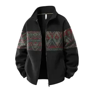 Men’s ethnic-pattern zip-up cardigan sweatshirt, stand-collar casual jacket, wool-lined warm loose baseball jacket, autumn/winter men’s top, everyday wear, sizes S–4XL, plus loose fit GARMENTARY