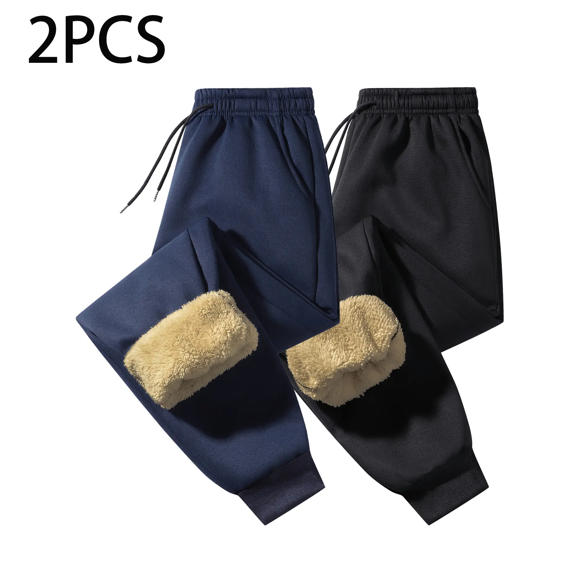 2-Pack Men’s Fleece-Lined Thick Fluffy Sweatpants for Autumn/Winter, Cuffed Joggers with Elastic Waist and Drawstring, Suitable for Home, Outdoor Activities, and Sports backtoschool